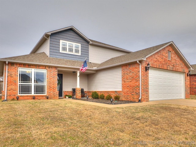 traditional home featuring brick siding, roof with shingles, concrete driveway, a garage, and a front lawn