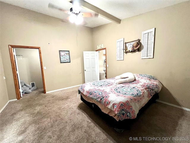 bedroom featuring ceiling fan, carpet, beam ceiling, and baseboards