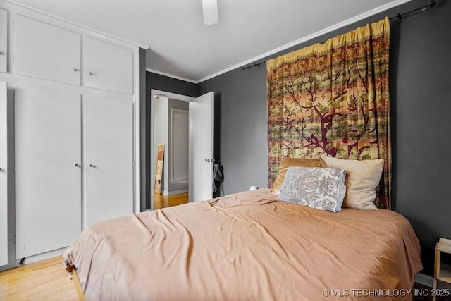 bedroom featuring light wood-style floors, a ceiling fan, ornamental molding, and a closet