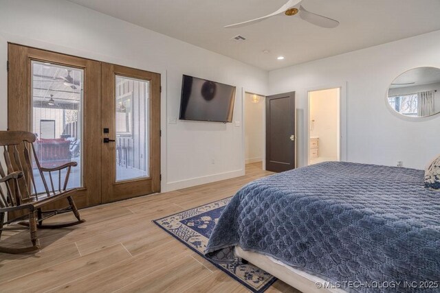 bedroom with recessed lighting, visible vents, baseboards, french doors, and light wood-type flooring