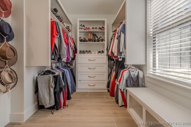 walk in closet with light wood finished floors