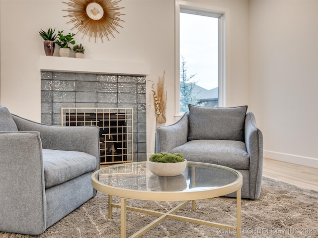 sitting room with a fireplace, wood finished floors, and baseboards