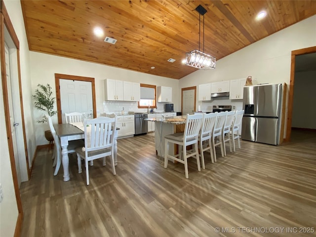 kitchen with visible vents, appliances with stainless steel finishes, white cabinetry, wooden ceiling, and under cabinet range hood