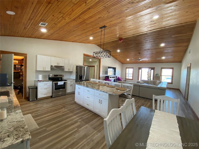 kitchen with dark wood-style floors, white cabinetry, visible vents, and appliances with stainless steel finishes