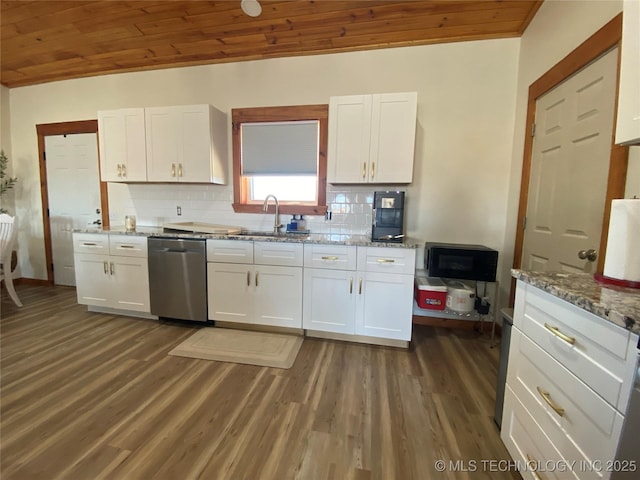 kitchen featuring decorative backsplash, wooden ceiling, white cabinetry, and stainless steel dishwasher