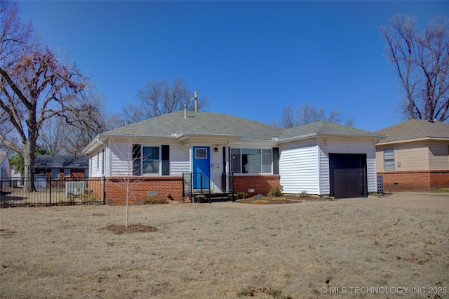 view of front of house with brick siding, concrete driveway, an attached garage, crawl space, and fence