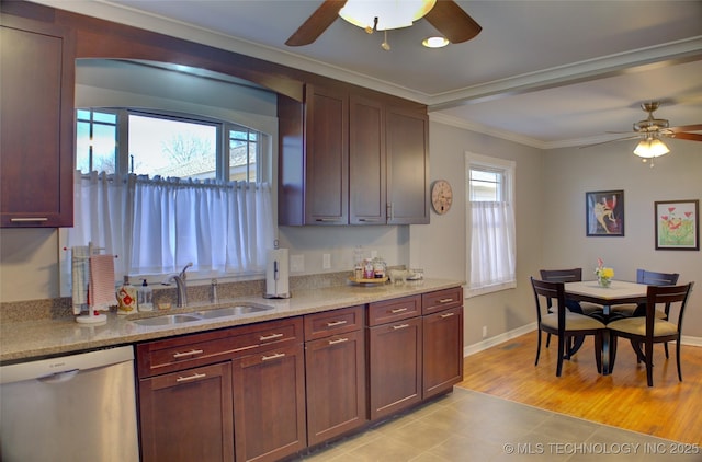 kitchen with crown molding, stainless steel dishwasher, a ceiling fan, a sink, and baseboards