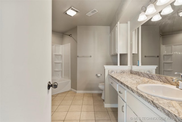 full bath featuring visible vents, toilet, vanity, tile patterned flooring, and baseboards