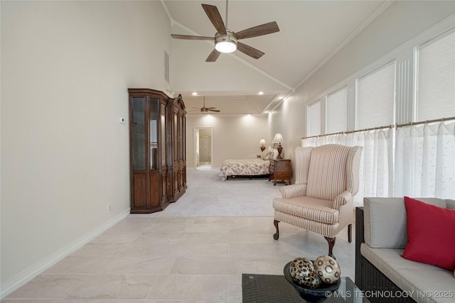 bedroom featuring multiple windows, baseboards, high vaulted ceiling, and crown molding