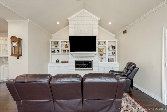 living room featuring baseboards, lofted ceiling, a fireplace, dark wood-style flooring, and ornamental molding