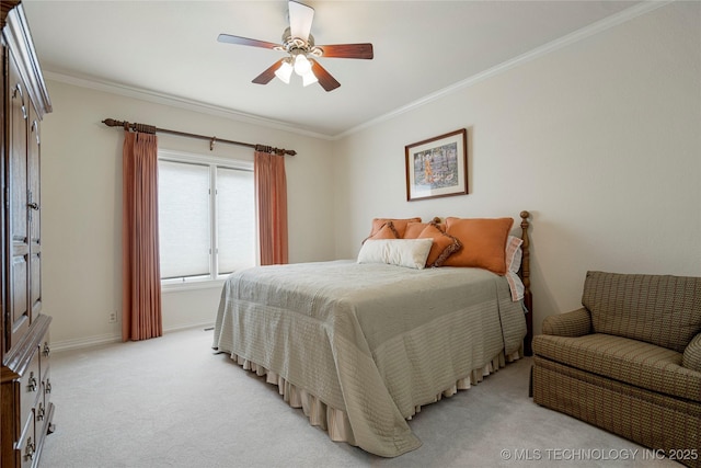 bedroom with a ceiling fan, crown molding, light colored carpet, and baseboards