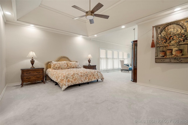 bedroom featuring recessed lighting, crown molding, baseboards, and carpet floors