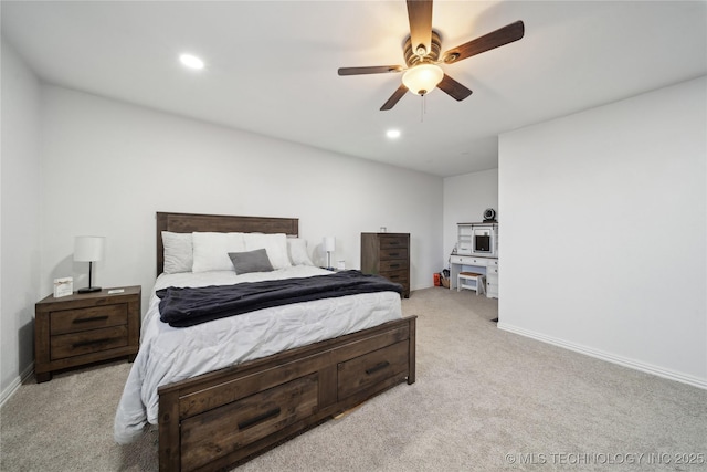 bedroom with light carpet, baseboards, a ceiling fan, and recessed lighting