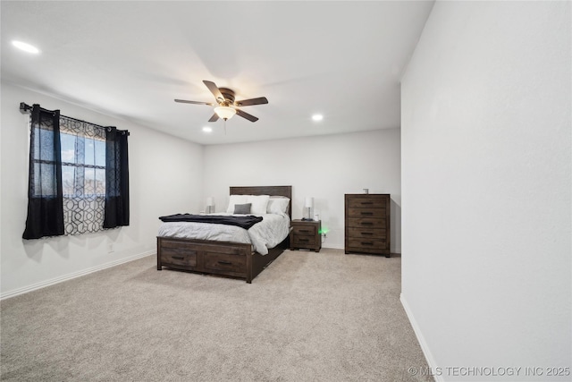 bedroom featuring a ceiling fan, carpet, baseboards, and recessed lighting