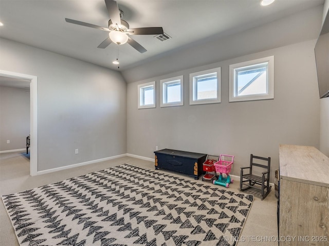 game room with baseboards, visible vents, light colored carpet, ceiling fan, and recessed lighting