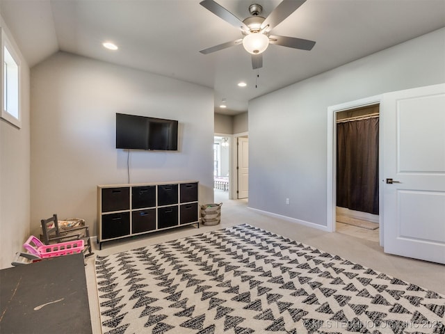 interior space with a ceiling fan, recessed lighting, carpet flooring, and baseboards