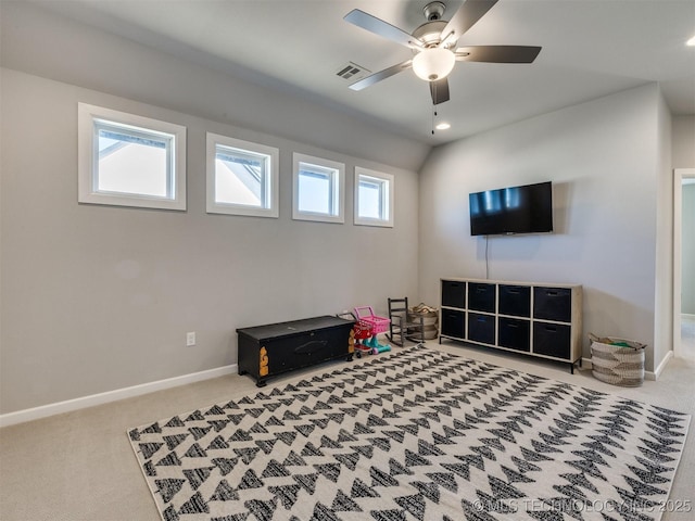 rec room featuring carpet, visible vents, and baseboards