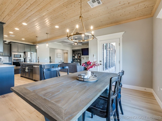 dining space featuring baseboards, visible vents, wooden ceiling, light wood-style floors, and recessed lighting