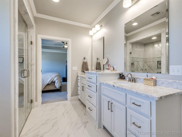 bathroom with ornamental molding, marble finish floor, visible vents, and a marble finish shower