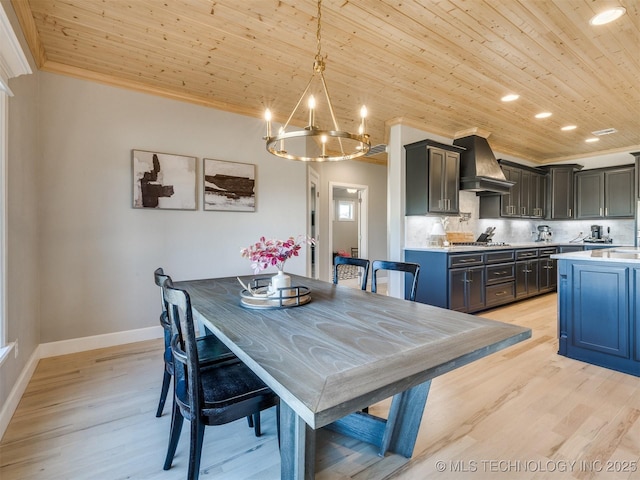 dining space featuring a notable chandelier, light wood-type flooring, wooden ceiling, and baseboards