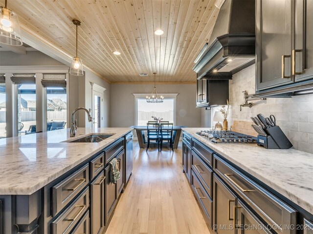 kitchen featuring wood ceiling, custom range hood, appliances with stainless steel finishes, a sink, and backsplash