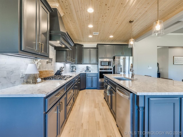 kitchen with pendant lighting, backsplash, appliances with stainless steel finishes, wooden ceiling, and wall chimney exhaust hood