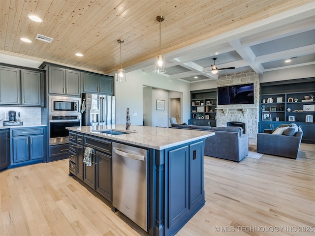 kitchen featuring stainless steel appliances, visible vents, light wood-style flooring, wood ceiling, and a sink