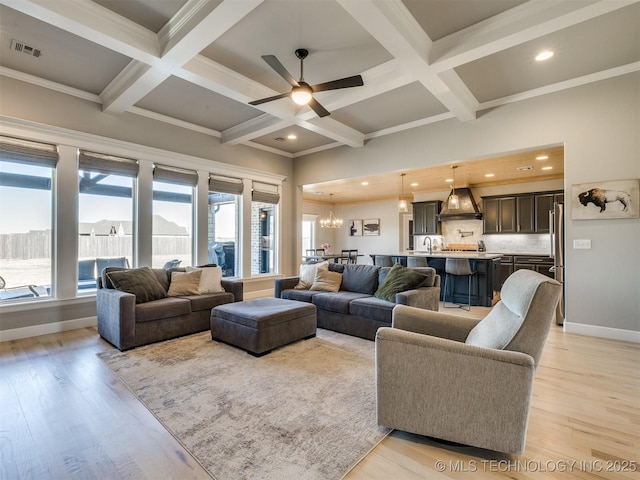 living area with light wood finished floors, baseboards, visible vents, and beamed ceiling