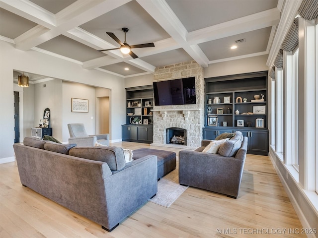 living room featuring coffered ceiling, beamed ceiling, and light wood-style flooring