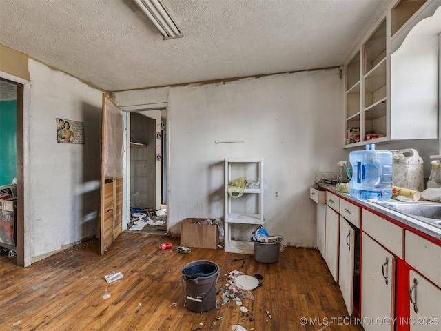 kitchen with a sink, wood-type flooring, light countertops, and a textured ceiling