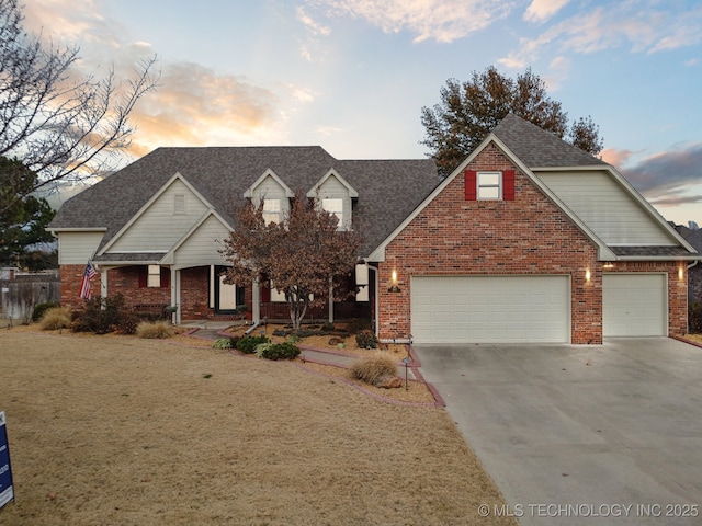 view of front of home featuring concrete driveway, brick siding, an attached garage, and roof with shingles