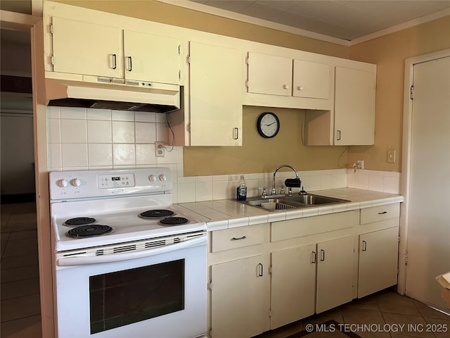 kitchen featuring electric stove, crown molding, backsplash, a sink, and under cabinet range hood