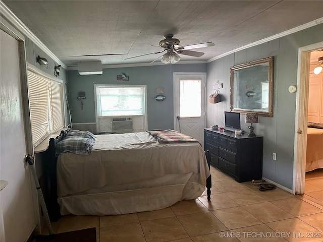 bedroom featuring light tile patterned floors, ceiling fan, cooling unit, and crown molding