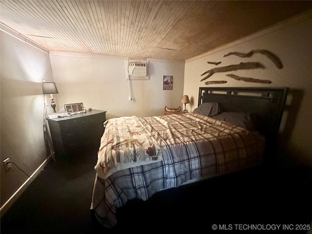 bedroom with carpet floors, wooden ceiling, crown molding, and an AC wall unit