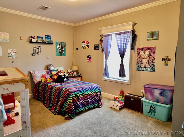 carpeted bedroom with visible vents, crown molding, and baseboards