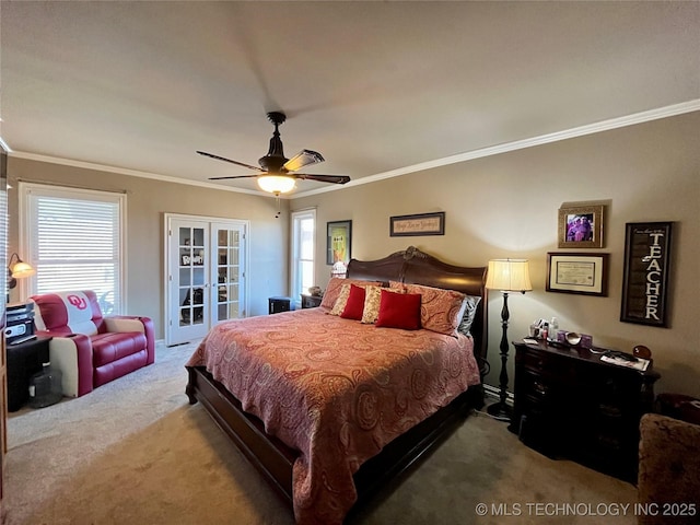 carpeted bedroom with ornamental molding, french doors, and a ceiling fan