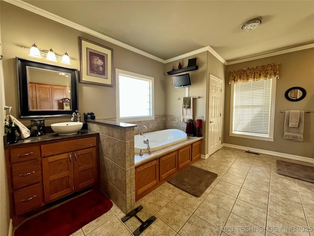 full bath with a garden tub, crown molding, visible vents, vanity, and tile patterned flooring