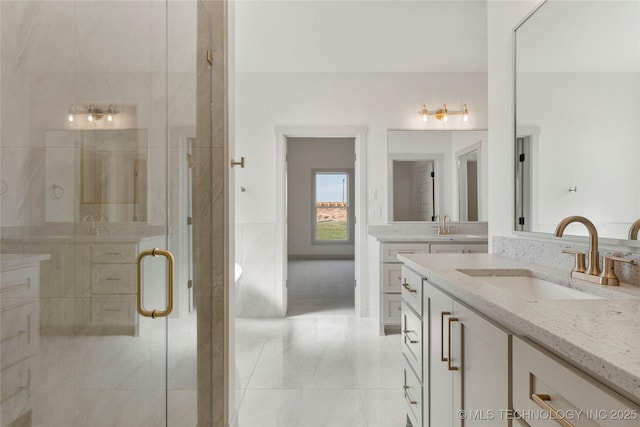 2719 E 135th Dr S, Bixby, OK 74008 - full bathroom with vanity, tile patterned flooring, and a stall shower