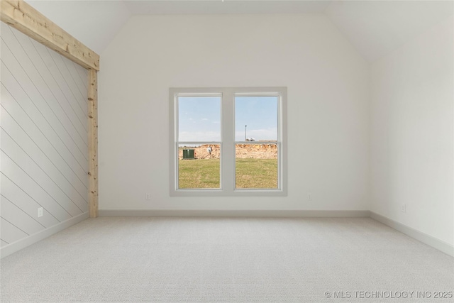 2719 E 135th Dr S, Bixby, OK 74008 - unfurnished room with wooden walls, vaulted ceiling, baseboards, and carpet