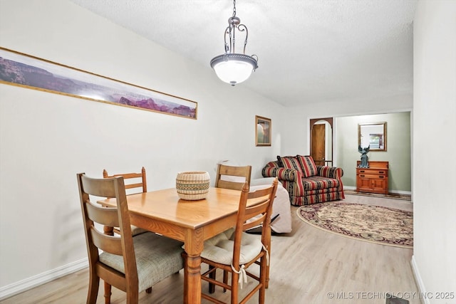 dining space featuring baseboards, a textured ceiling, and light wood-style floors