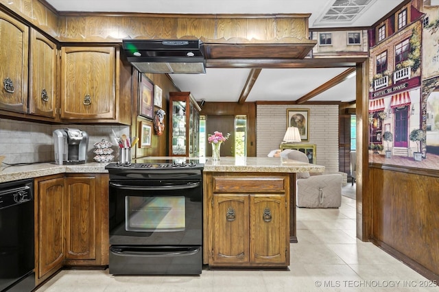 kitchen featuring open floor plan, beamed ceiling, a peninsula, light countertops, and black appliances