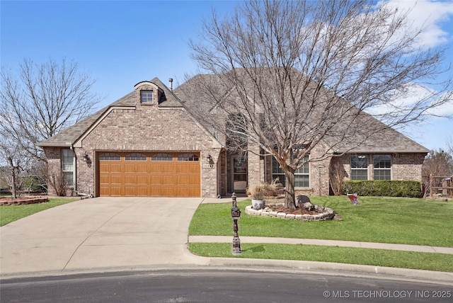 french country inspired facade featuring brick siding, concrete driveway, a front yard, roof with shingles, and a garage