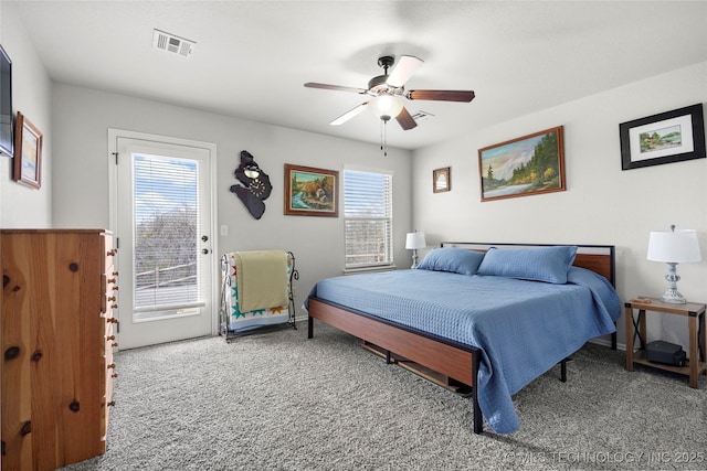 bedroom with visible vents, a ceiling fan, carpet, and access to outside