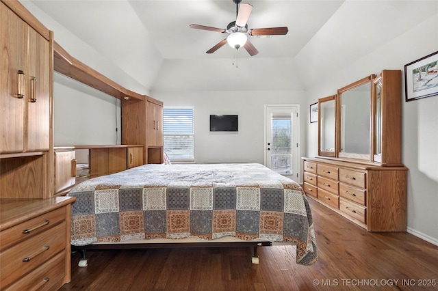 bedroom featuring vaulted ceiling, access to outside, multiple windows, and dark wood-style floors