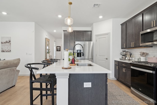 kitchen featuring a center island with sink, stainless steel appliances, light countertops, decorative backsplash, and light wood-style floors