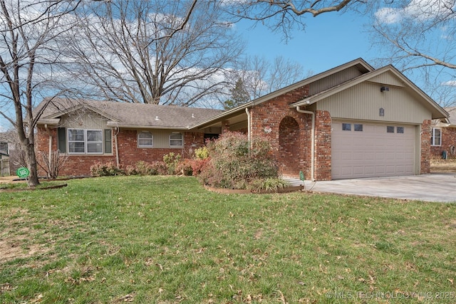 ranch-style home featuring a front yard, brick siding, an attached garage, and driveway