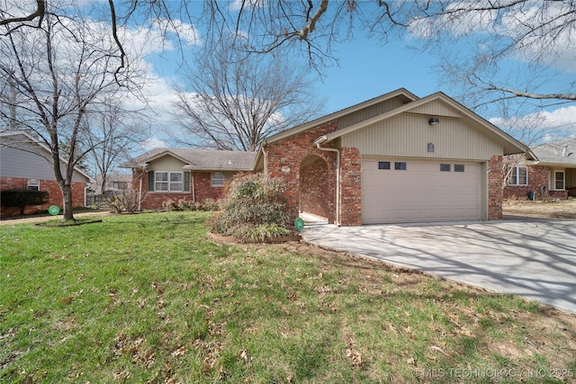 ranch-style house with brick siding, driveway, an attached garage, and a front yard