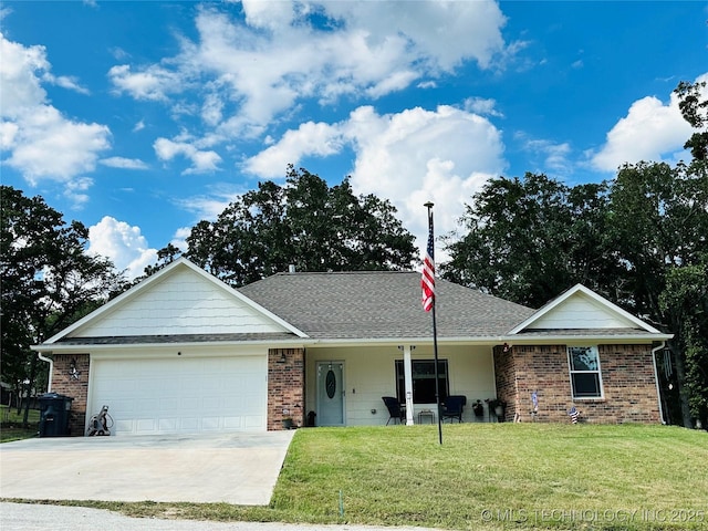 single story home with brick siding, roof with shingles, an attached garage, driveway, and a front lawn