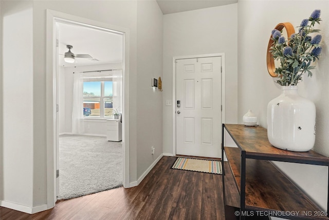 foyer entrance featuring dark wood finished floors, a ceiling fan, baseboards, and dark colored carpet