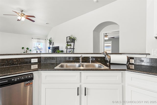 kitchen featuring a sink, a healthy amount of sunlight, a ceiling fan, and stainless steel dishwasher